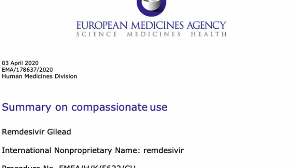 COVID-19: EMA pubblica raccomandazioni per uso compassionevole di remdesivir